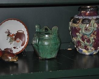 Rare  Museum Quality Japanese Porcelain Signed Kutani 9" Plate of three Children shown with a Antique Clay Green Glaze Water Vessel and one in a Pair of Antique Relief Earthenware Dragon Urns, 13"h