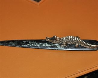 Marble Letter Opener with Carved Metal Alligator