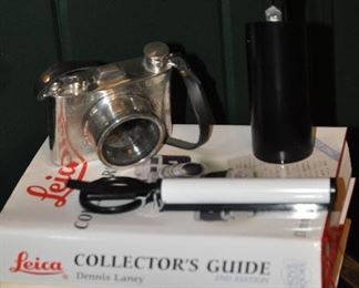 Pinder Bros. English Pewter Sheffield Flask, 6oz. with Leather Strap.  Mid-Century Desk Set with Letter Opener and Scissors.  Mid-Century Desk Set with Scissors and Magnifier.