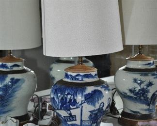 One of a Pair of Blue/White Ceramic Lamps, 23"h