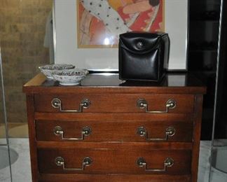 Vintage Wood Jewelry Chest with 4 Drawers and Brass Handles, 18.5" x 18.5" x 10"