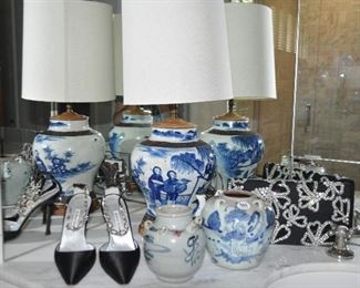 The other Blue/White Ceramic Lamp shown with Manolo Blahnik  Black Peau de Soie Ankle Shoes, a Nina Gill Paris Clutch Bag and 2 Chinese Oil Pots