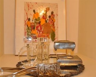 Framed Batik from Kenya, 15" x 18". Displayed with Heavy Glass Perfume Dispensers, Antique Tin Boxes and Designer Evening Belt