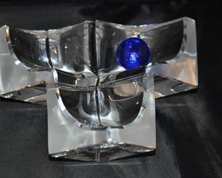 Daum Crystal Geometric Art Glass Sculpture with Cobalt Blue Ball, H: 3", Base: 2", Width: 3" 