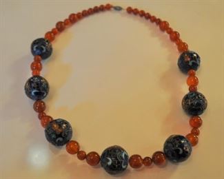 #J33  23" Chinese graduated  Cloisonné and Carnelian necklace, silver clasp. Vintage. $175.00