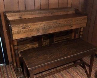 DESK, BENCH AND FRAMED ART