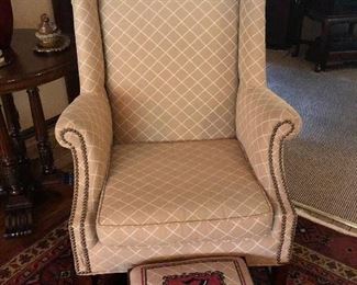 TAN AND WHITE CHAIR AND NEEDLEPOINT FOOTSTOOL