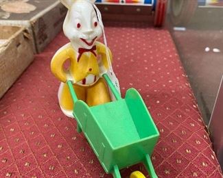 Vintage Plastic Easter Bunny with Wheelbarrow