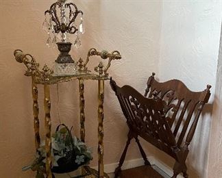 Beautiful ornate accent table and wood rack 