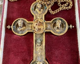Gold on silver crucifix, inscribed on back "Wilhelm Widemann Roma 1879" set with diamond and emeralds.