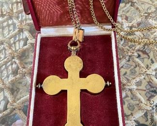 Gold on silver crucifix, inscribed on back "Wilhelm Widemann Roma 1879" set with diamond and emeralds.