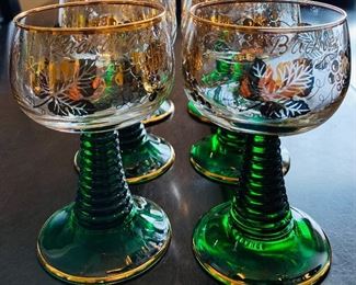 Vintage Set of 6 Bacharach Glass Goblets (FRANCE) Goblet {Gold Green Grapes Leaves}