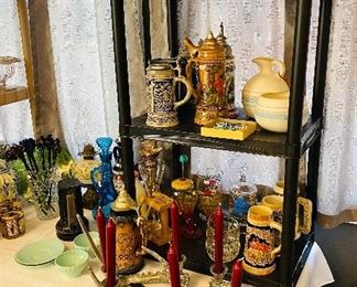 Beer Steins, Metalized Deer Antler Candle Sticks (Pair Holds 6 Candles), Vintage Printer’s Drawer, Some Southwestern Pottery & Baskets