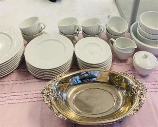 Godinger Silver Fruit Bowl, Coventry Fine Porcelain PARTHENON WHITE Leaves Plates, Bowls, Mugs, Cream & Sugar, China Set (Microwave & Dishwasher Safe). 