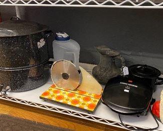 Enamel Clam Steamer Pot, Vintage Meat Slicer, Iron Santa Christmas Tree Base Holder, George Foreman Grill, Silverplate Quadruple Plate, Bean Pot