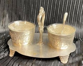 CSC CROWN Ornate Silver Plate Vintage Condiment Caddy Glass Inserts + Spoon