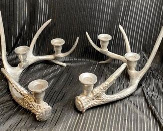 Custom Metal Deer Elk Antler Lodge Cabin Candle Holders HEAVY VTG Pair (Holds 6)
