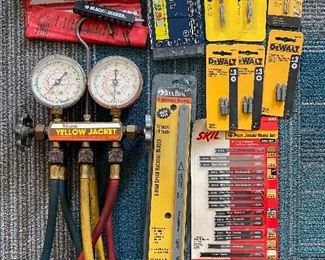 Ritchie Yellow Jacket Test & Charging Manifold w/ Hoses, Milwaukee Sawzall Blades, Klein Bits, DeWalt Bits, Skil 16-Piece Jigsaw Blade Set, Buck Bros. New 5 Hacksaw Blades, Bosch 5pc Blue Granite Turbo, Black & Decker Bits