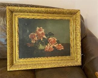 Old rose oil painting, with thick gesso frame