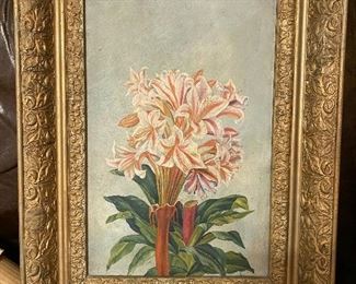 Oil painting, tiger lilies, gesso frame