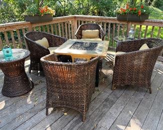All-weather wicker patio set with side table and stools (includes Sunbrella cushions).....