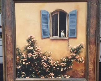 Framed painting of "Blue Shutter Morning" by Chris Apel.