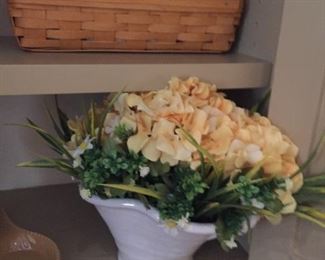 Planter with flowers and Longaberger basket.