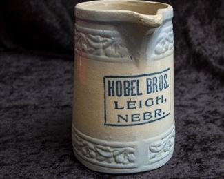 Blue & White Advertising Stoneware Leigh Nebraska