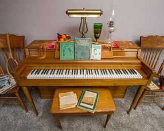 Press Back Oak Chairs & Spinet Piano by Wurlitzer