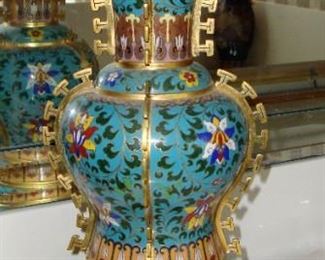 GORGEOUS "JINGFA" CLOISONNE  GILT BRASS BALUSTER VASE WITH STAND - WE HAVE THE PAIR