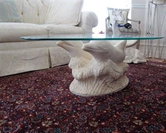SWEET GLASS TOP DOLPHIN TABLE.  LARGE AREA RUG "EL DORADO MOHAIR"