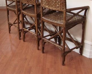 SET OF 3 LEATHER STRAPPING & RATTAN BAR CHAIRS