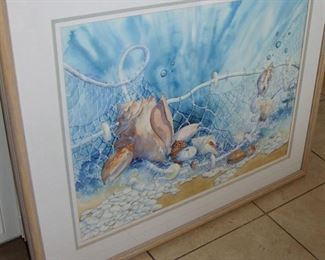 LARGE FRAMED WATERCOLOUR "SEA CATCH" SIGNED by YVONNE MACIK - GALVESTON ARTIST