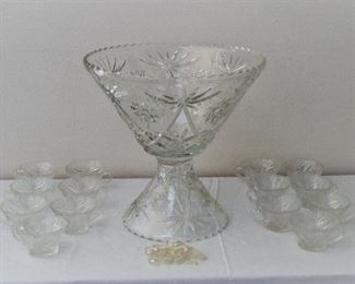 VINTAGE CUT GLASS PUNCH BOWL WITH PEDEDSTAL , CUPS & HOOKS. BEAUTIFUL!