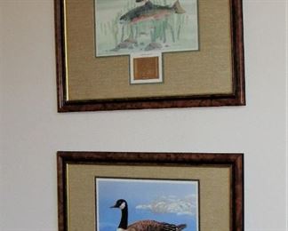 FRAMED PRINTS WITH 22K GOLD STAMPS. MARK ALVIN "CANADA GOOSE", THE OTHER IS A BEAUTIFUL TROUT PRINT.
