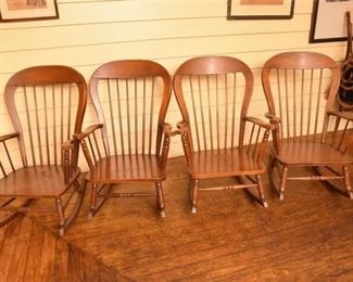 Four 4 Spindle Back Wooden Rocking Chairs