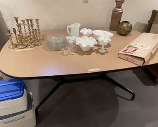 table, brass candle holders