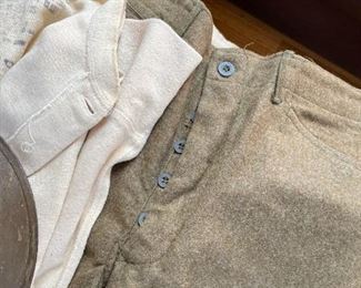 WWI uniform, jacket, pants, soft hat, hard hat, long underwear top, two legging/bandings with straps