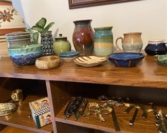 Lovely pottery collection, vintage brass hangers and covers