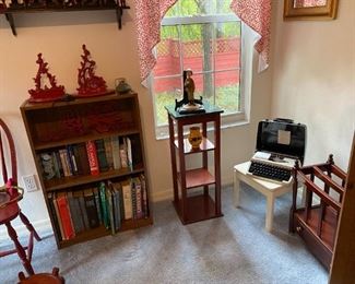 bookshelves and small stands and tables