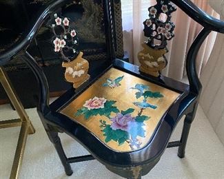 Vintage Black Chinese Chinoiserie Hand Painted Corner Chair, Purchased in Hong Kong.