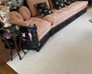 Vintage Chinese Black Rosewood Hand Carved Sofa, Pink Silk, with Black Gold Silk Pillows. Measures 9 Feet X 7 Inches. Purchased in Hong Kong 1977 $ 1100.00