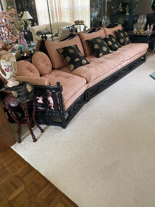 Vintage Chinese Black Rosewood Hand Carved Sofa, Pink Silk, with Black Gold Silk Pillows. Measures 9 Feet X 7 Inches. Purchased in Hong Kong 1977 $ 1100.00