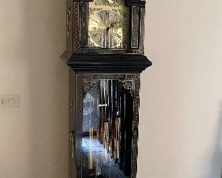 Vintage Black Chinese Chinoiserie Grandfather Clock. Hand Painted. Brass Tube Weights, Pendulum. Chimes. Purchased in Hong Kong 1975. Measures 7 Feet Tall, x 19 Inches $800