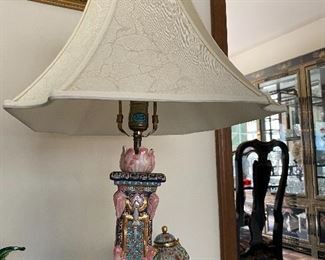 Vintage Cloisonné' Enamel Table Lamp, Silk Shade 