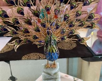 Cloisonné Peacock With Enamel Filigree Feathers, Jade Stand 