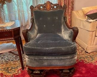 HEAVILY CARVED 1920'S  WALNUT AND INLAID JACOBEN PARLOR SET          CHAIR   38 X 28"