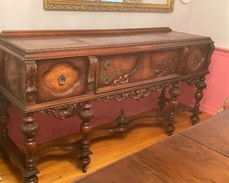 MOHLENRICH JACOBEAN STYLE HIGHLY CARVED WALNUT D/R SET 10PC. CHINA 44", TABLE 66 X 38" 13 - 12" LEAVES, SIDEBOARD 78", SERVER 42"    $1100