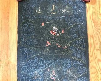 $395 Thangka with figures and scenes slight wear at top.  29.75" H x 22" W.  