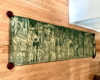 $95 Gold and black/deep green temple rubbing procession scene with elephants.  108.5" L x 27.25" H.  
